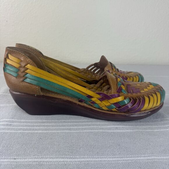 Fernanda Roy’s Leather Huaraches Mexican Woven Sandals Wedge Heel Tan Multi 10 - Picture 3 of 11